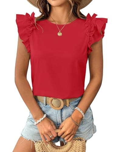 Summer Tops for Women 2026 Trendy Ruffle Short Sleeve Tops Casual Cute Loose Fit T-Shirts Crew Neck Fashion Dressy Blouses Tee Tops Red M - Thumbnail 2