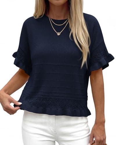KIRUNDO Short Sleeve Sweater for Women 2026 Spring Summer Tops Crochet Round Neck Ruffled Hem Knit Pullover Casual Blouse(Navy Blue, XX-Large) - Thumbnail 4
