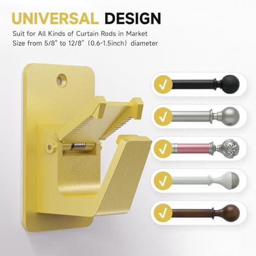 Universal Curtain Rod Holders, No Drill Curtain Rod Brackets, Self Adhesive Curtain Rod Brackets Up to 30 LB, Nail Free Curtain Rod Hooks for Bathroom, Bedroom, Livingroom, Kitchen (8PC, Gold) - Thumbnail 2