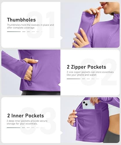 Soothfeel Women's UPF 50+ Sun Protection Athletic Jacket Lightweight Crop Zip Up Long Sleeve SPF Shirts Hiking Workout Pocket Purple L - Thumbnail 4