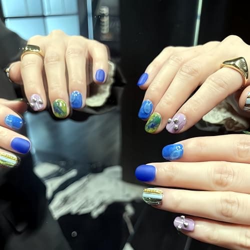Fine Point Handmade Press-On Nails Set, Short Squoval, Funky Cobalt Blue Aura Green Swirl, 3D Stud Accent, Designer Artistic Novelty Fashion, Pop-Star Showgirl, Cosmic Coquette (Size Large) - Thumbnail 2