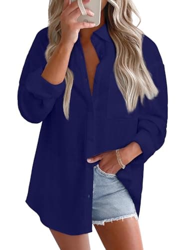 Astylish Womens Plus Size Clothing Flowy Solid Casual Tops Spring Summer Cotton Linen Gauze Button Up Shirt Oversized Chambray Roll Up Long Sleeve V Neck Blouse with Chest Pocket Navy Blue XX-Large - Image 1