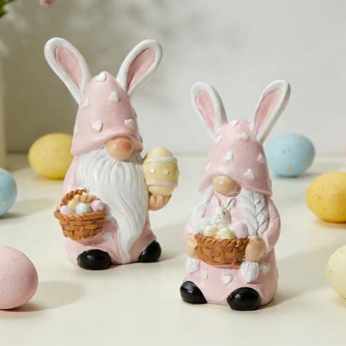 WDS WONDROUS Easter Decorations Gnomes Bunny Figurines Set, 2-Pcs Pink Resin Rabbit Ear Gnome with Heart Polka Dot Easter Egg Basket, Mini Easter Decorations Gnomes Bunny Figurines Set