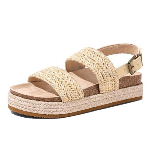 Marc Ford Women Summer Wedge Platform Sandals Fashion Raffia Woven Beach Sandal - Ankle Strap Buckle, Open Toe, Non-Slip, Trendy, Comfortable, Fashion, Boho, Holiday, 7.5 - Image 1