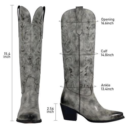 LeunDen Green Wide Claf Cowboy Boots for Women, Knee High Cowgirl Boots with Pointed Toe Chunky Heel Embroidery Western Boots Tall Long Boots Size 9 - Thumbnail 4