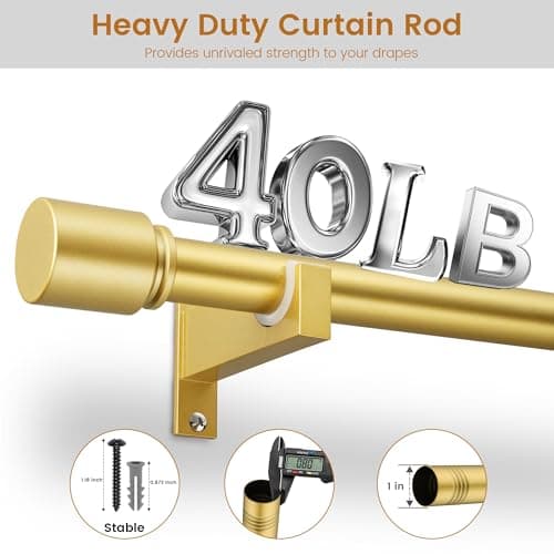 Gold Aluminium Curtain Rods for Windows,1 Inch Adjustable Curtain Rod 72 to 144 Inch,Heavy Duty Drapery Rods with Thicken Bracket,Modern Single Rod with Aluminium Finials - Thumbnail 5