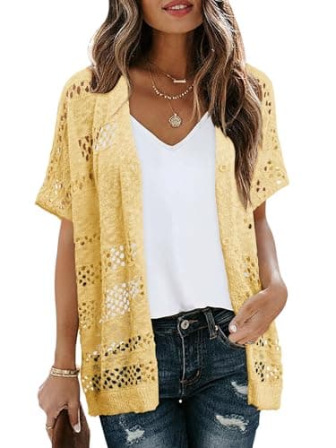 KISSMODA Yellow Short Batwing Sleeve Crochet Cardigan for Ladies Relaxed Fit Loose Boho Summer Farmer’s Market Layering Cardigan S - Thumbnail 4