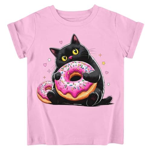 Funnycokid Little Girls Shirt Size 6 7 Kids Pink Tees Black Cat Donuts Animal Children Cute T-Shirt Graphic Short Sleeve Clothes Tops - Image 1