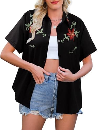 Western Shirts for Women Retro Cowgirl Shirt Rodeo Button Up Tshirt Hawaiian Summer Vacation Short Sleeve Top Blouses Black - Image 1
