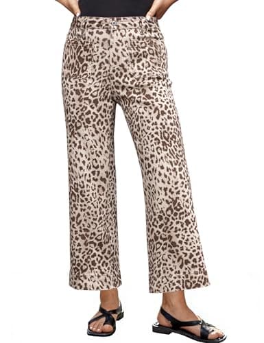 luvamia High Waisted Leopard Jeans for Women Stretch Cropped Cheetah Print Denim Pants Patch Pocket Flare Cropped Jeans for Women Wide Leg Sandshell Leopard Pants XX-Large US Size 20-22 - Image 1