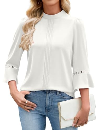 Funlingo Womens 3/4 Sleeve Tops and Blouses Business Casual Tunic Dressy Work White Shirts Spring Mock Neck Front Pleated Clothes 2026 S - Image 1