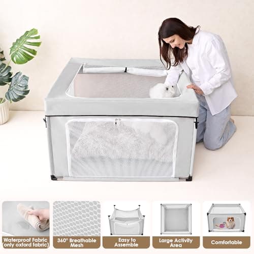 EHEYCIGA 42x42x26 Inches Puppy Playpen with Top Cover for Dogs & Cats Indoor or Outdoor - Dog Playpen with Door, Dog Fence for Small Animal with Heavy-Duty Oxford & Steel Frame, Sliver Grey - Thumbnail 2