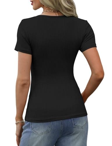 GKBK Ribbed Short Sleeve Tops for Women Henley Neck Slim Fitted Tight Basic Tee Tshirts Cute Spring Summer Tops Black - Thumbnail 4