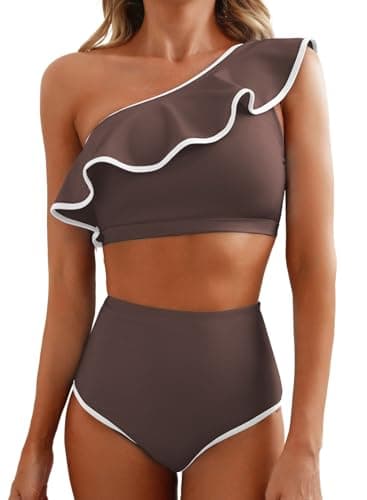 Herseas Women's 2 Pieces Bikini Sets Color Block Trim Ruffled One Shoulder Sporty Teen Swimsuits Elegant Wire Free Bathing Suits Brown Swimwear Pool Swimming Outfits Large - Image 1