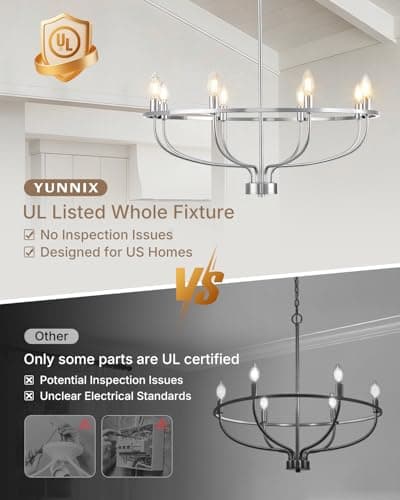 YUNNIX 8 Light Brushed Nickel Chandelier for Dining Room, 30 Inch Wagon Wheel Light Fixture, UL Whole Fixture, Silver Modern Farmhouse Candelabra Chandelier with Chain for Living Room, Entrance, Foyer - Thumbnail 2