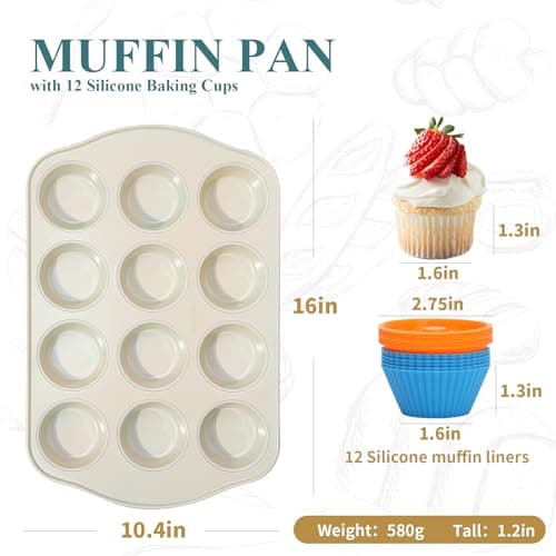 Ymiton Nonstick Muffin Pan with 12 Silicone Baking Cups, Carbon Steel Muffin Tin for Muffins, Cupcakes, Egg Bites and more, Non Toxic, Easy to Clean, Dishwasher Safe, Sunshine Cream - Thumbnail 3