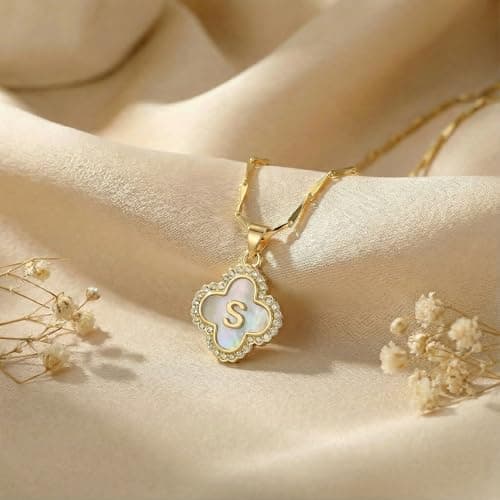 LETFLY Four Leaf Clover Initial Necklaces for Women, 14K Gold Plated Natural Shells Clover Letter Pendant, Alphabets S Necklace Jewelry Gifts for Women - Thumbnail 4