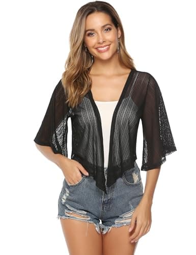 iClosam Women Sheer Shrug Tie Front Short Sleeve Cropped Bolero Shrug Cardigan - Thumbnail 3
