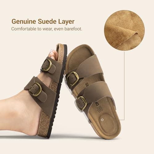 DREAM PAIRS Women's Slides Soft Genuine Footbed Sandals Comfortable Adjustable Double Buckle Slip-on Flat Sandals with Arch Support Frame Dual Slippers for Summer 2026,Size 9.5,Brown,SDSS26004W - Thumbnail 5