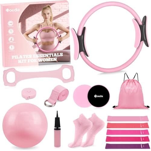 Hoedia Pilates Kit for Women, Pilates Equipment Ring and Ball Set with Resistance Bands, Yoga Strap, Core Sliders, Socks, Bag & Guide for Starter Home Workout Fitness Gym Essentials, Pink - Image 1