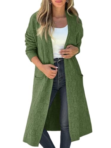 Saodimallsu Womens Long Cardigan Sweaters 2025 Oversized Open Front Checkerked Sweater Trendy Knit Jacket with Pockets Army Green - Image 1