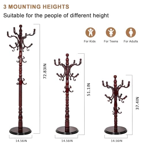 Daisdoer Solid Wood Coat Rack, Free Standing Hall Coat Tree with 14 Hooks, 3 Height Options, 300lbs Load, Stury Base, Clothes Rack for Entryway, Hallway, Bedroom (Disc Base - Rosewood) - Thumbnail 5