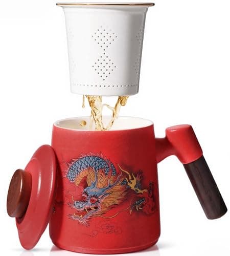 Foinly Ceramic Tea Cup with Infuser and Lid, 13.5 oz Tea Mug for Loose Leaf Tea,Wood Handle,Chinese Dragon Design,All Porcelain Strainer,BPA-Free, Perfect for Tea Lovers/Birthday/Easter (Red） - Image 1