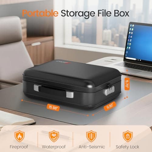 Fireproof Document Box with Lock, 5200°F Fireproof Water Resistant Hard Case File Organizer Safe Box for Important Documents, Certificates, Laptop, Passports (Black) - Thumbnail 2