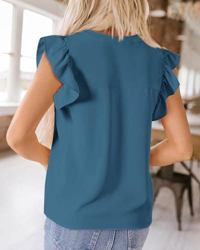 Zenlonr Womens Summer Tops 2026 Casual V Neck Ruffle Cap Sleeve Blouse Shirts Solid Color Tunic Tops(Grey Blue,Small) - Thumbnail 5