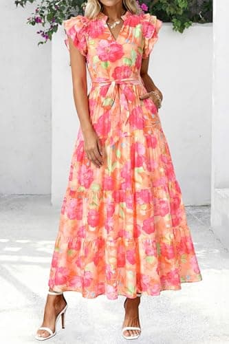 dowerme Women Summer Maxi Dresses 2026 Ruffle Sleeve V Neck Floral Boho Long Dress Belted Tiered Sundress with Pockets(Orange Red Big Floral,Small) - Thumbnail 4