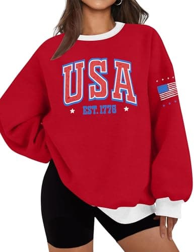 ASTANFY USA 250th Anniversary Sweatshirt Womens Casual Long Sleeve Graphic Shirts American Team Flag CrewNeck Pullover Tops Red - Image 1