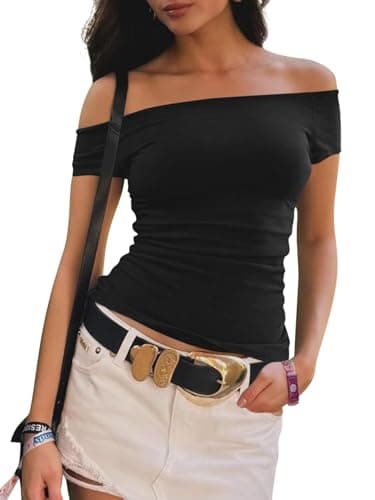 Imily Bela Womens Off The Shoulder Tops Short Sleeve Top Quick Dry T Shirts Trendy Y2k Going Out Crop Tops Slim Fit 2025 Black - Image 1