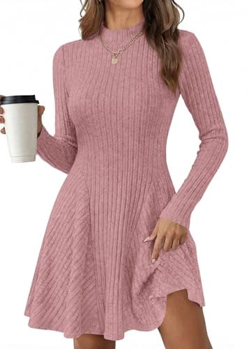 KIRUNDO Sweater Dress for Women 2026 Spring Fall Long Sleeve Mock Turtleneck A Line Fit and Flare Ribbed Knit Short Dresses(Pink, X-Small) - Image 1