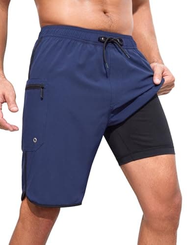 SILKWORLD Mens Swimming Trunks 9 Inch Quick Dry Shorts Water Repellent Solid Color Bathing Suits, Navy Blue, XX-Large - Image 1