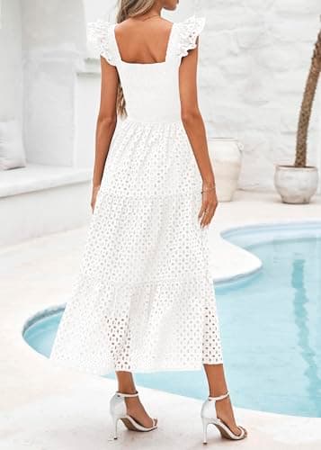 Lazysmile Womens Summer Maxi Dress Square Neck Ruffle Cap Sleeve Hollow Out Eyelet Smocked Tiered A Line Boho Sundress White - Thumbnail 2