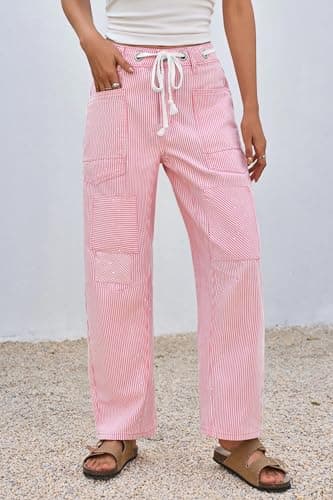 PLNOTME Womens Baggy Barrel Horseshoe Jeans Wide Leg Patchwork Low Rise Striped Pants with Pockets Pink - Thumbnail 4