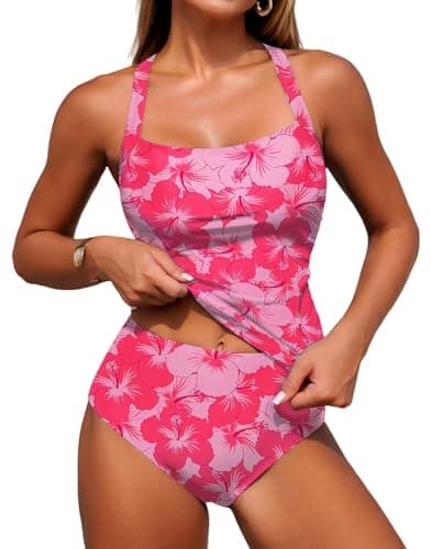 ZAFUL Women Swimwear Tankini Swimsuit Two Piece Bathing Suits Ruched Tummy Control Swimsuit Tankini Top with High Waisted Bottom Rose Red S