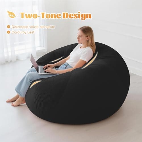Homguava 5FT Bean Bag Chairs for Adults Teardrop BeanBag Chair Comfy Memory Foam Bean Bags Two-Tone Distressed Velvet&Corduroy Washable Cover for Living Room, Home (Corduroy, Black) - Thumbnail 4