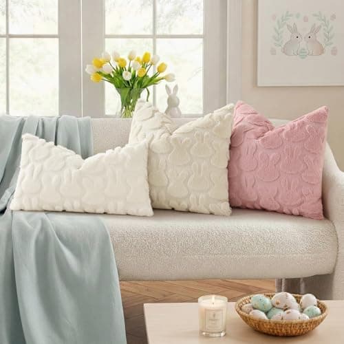 decorUhome Easter Bunny Pillow Covers 16x16 Inch Set of 2, Soft Plush Faux Wool Jacquard Beige Rabbit Cushion Covers, Farmhouse Neutral Spring Easter Holiday Decor for Couch Sofa Bed - Thumbnail 3