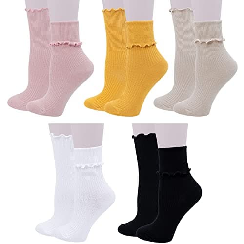 Bienvenu Ruffle Slouch Socks for Women, Cute Cotton Crew Socks, Frilly Novelty Knit Socks 5 Pairs, Multicolored - Image 1