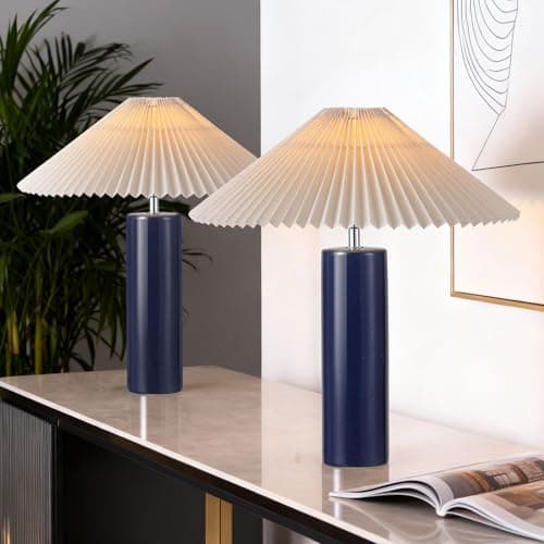 EOEYYOYB Ceramic Table Lamps for Bedroom Set of 2, Adjustable Shade Lamps for Night Stands, Modern Cylindrical Nightstand Table Lamps 5W E26 for Bedroom Bedside Buffet, Blue - Image 1