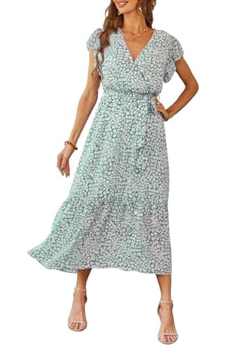 PRETTYGARDEN Women's 2024 Floral Boho Dress Wrap V Neck Short Sleeve Belted Ruffle Hem A-Line Flowy Maxi Dresses (Green_01,Small) - Image 1