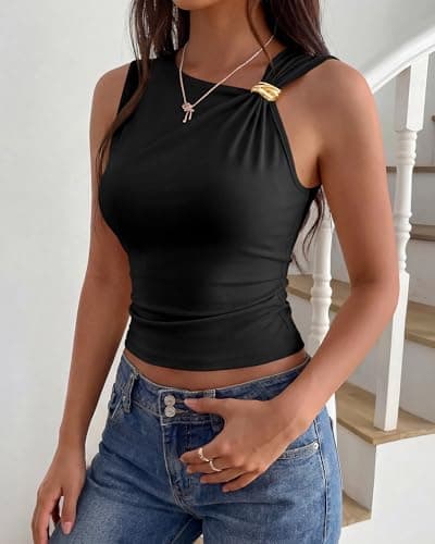 BTFBM Spring Tops for Women 2026 Asymmetrical Neck Sleeveless Going Out Summer Outfits Casual Ruched Y2k Tank Top Clothes(Black, Medium) - Thumbnail 3