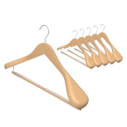 StorageWorks 6 Pack Wooden Hangers, Extra Wide Shoulder Wood Hangers with Locking Bar for Suit, Shirt, Coat, Pants, Natural Color - Image 1