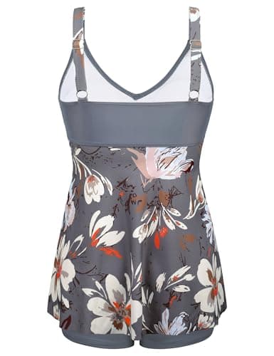 Firpearl Modest Swimming Suits for Women Tummy Control Tankini Top with Shorts Two Piece Bathing Suits XXL/US16 Grey Floral - Thumbnail 6