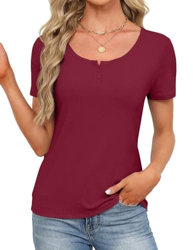 Short Sleeve Tops for Women Henley T Shirts Stretchy Ribbed Summer Tops Ribbed Knit Fitted Basic Slim Fitted Casual Top T-Shirt 2026 Red M - Thumbnail 4