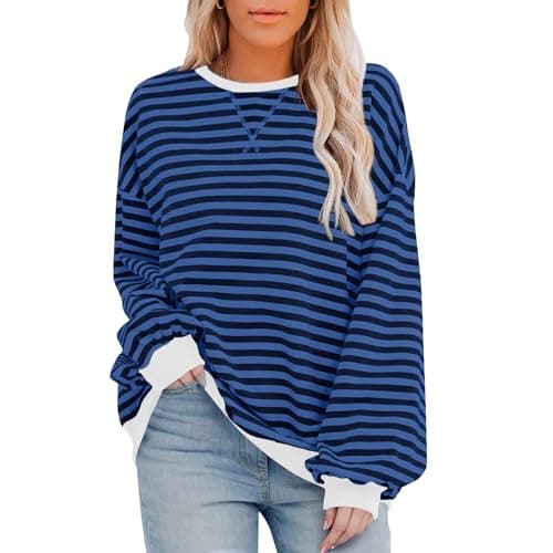 HDLTE Womens Oversized Striped Sweatshirt Crewneck Classic Color Block Long Sleeve Casual shirt Fashion Loose Pullover Tops Blue - Image 1