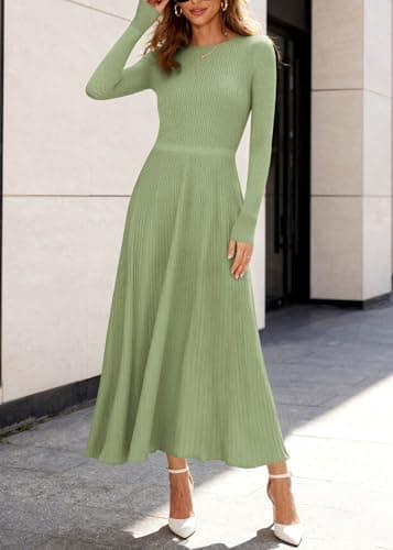 KIRUNDO Women Sweater Dress Holiday Ribbed Knit Long Sleeve Slimming Maxi Dress Fall Pleated Elegant A Line Winter Dresses(Light Green, X-Large) - Thumbnail 6