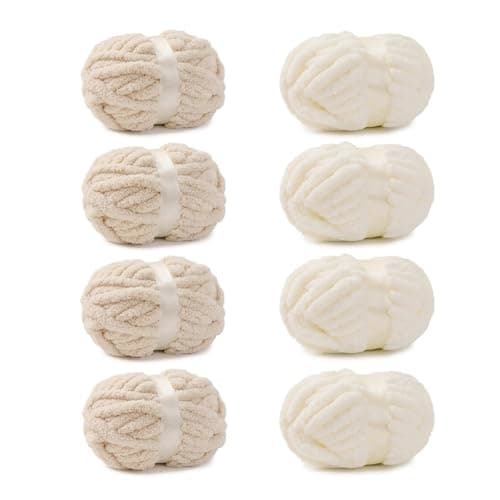 bearberry Jumbo Chenille Yarn, Super Bulky 6 - Extra Plush & Skin-Friendly for Chunky Knit Blankets, Arm Knitting & Crocheting 8-Pack (8oz/25yd Per Skein), Machine Washable, Ultra Soft, Cream& Beige - Image 1
