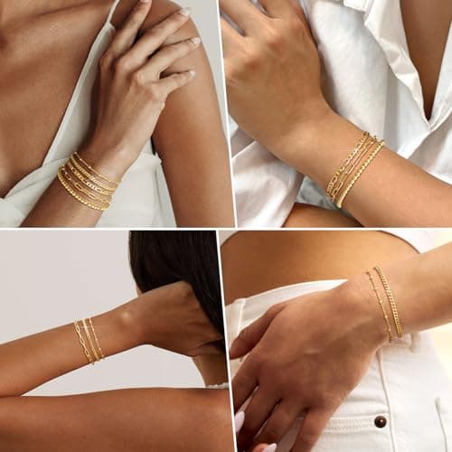 adoyi Gold Bracelets for Women, 14K Gold Plated Stackable Bracelet Stack Set Adjustable Charm Paperclip Chain Cuban Link Layered Waterproof Jewelry Sets Gifts for Womens 6.0 Inch - Thumbnail 4